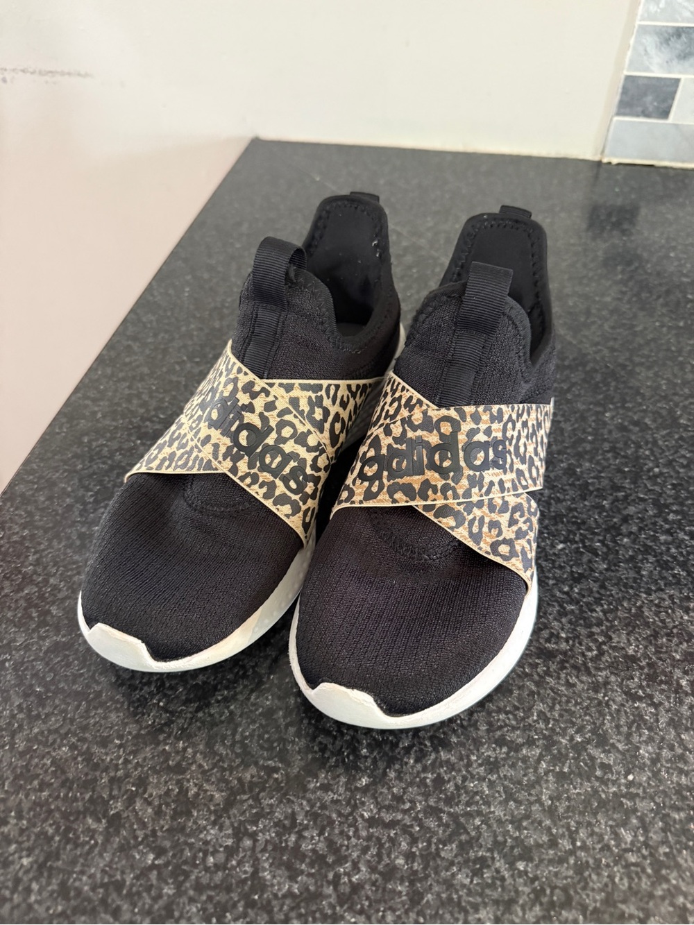 adidas Black Knit Slip-On Sneakers with Leopard Strap
